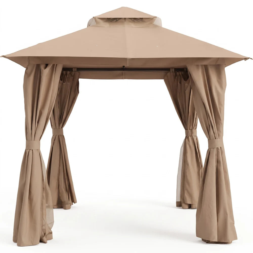 Beige 8x8 soft top gazebo with privacy curtains