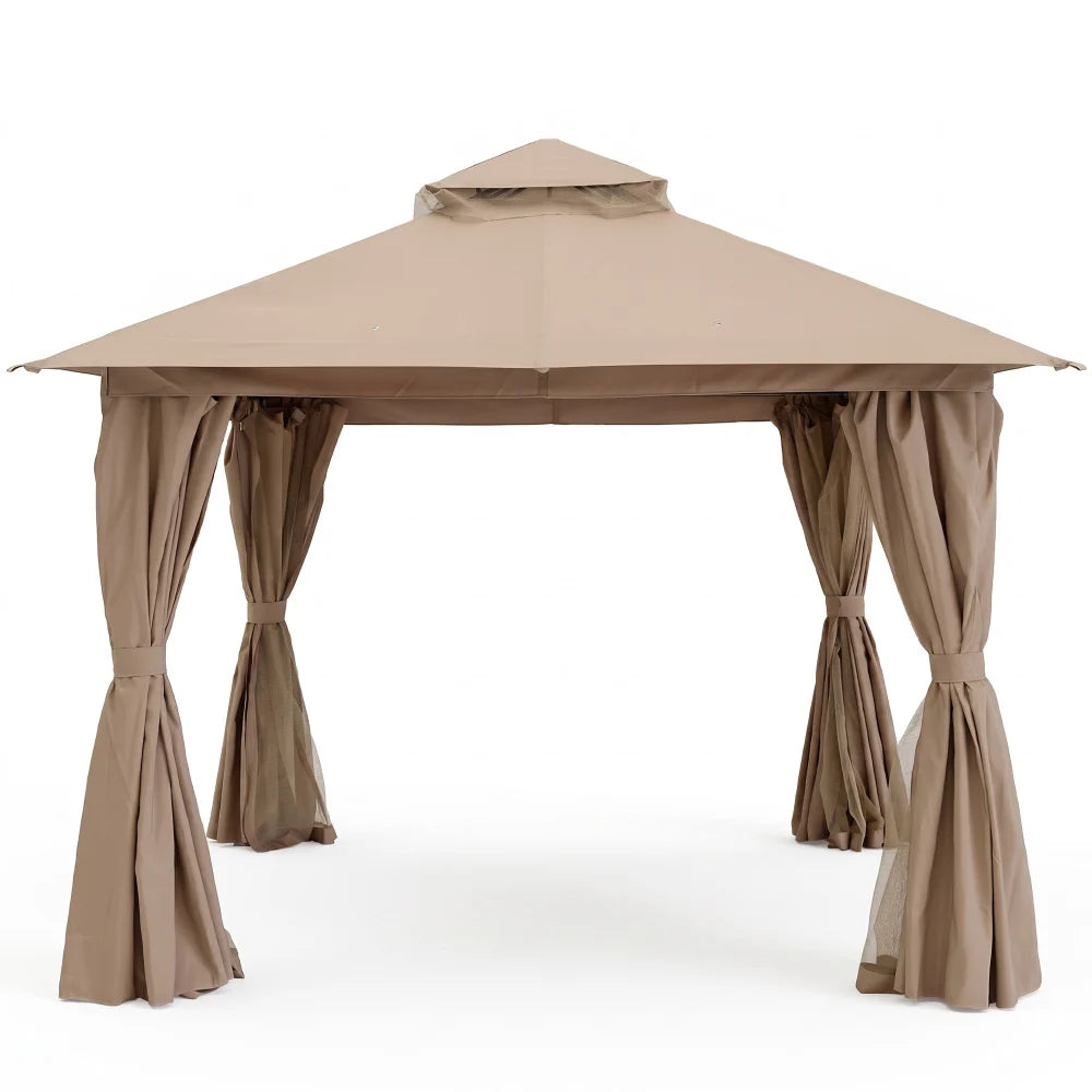 Khaki 10x10 soft top patio gazebo with curtains