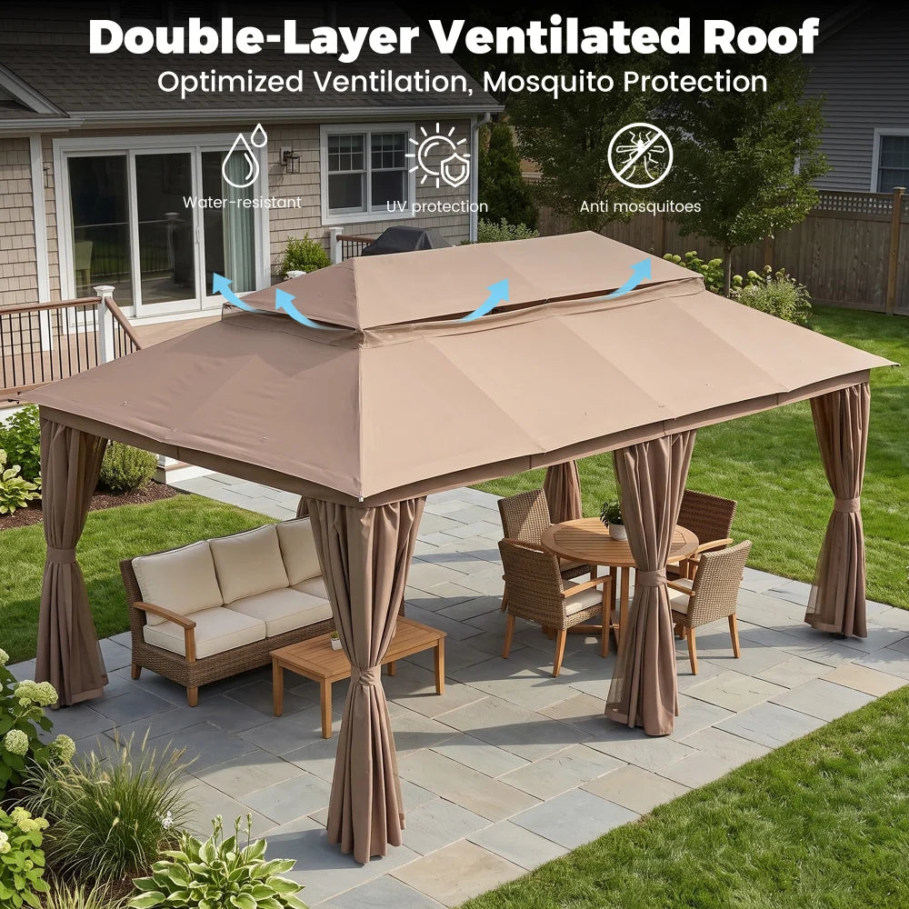 Beige soft top gazebo with double-layer ventilated roof
