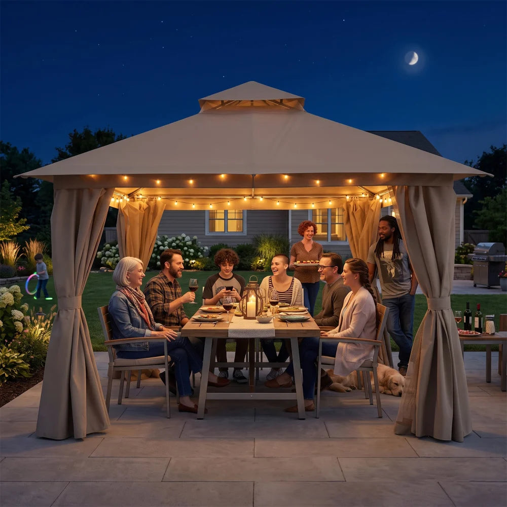 Khaki 12x12 patio gazebo for evening outdoor gatherings