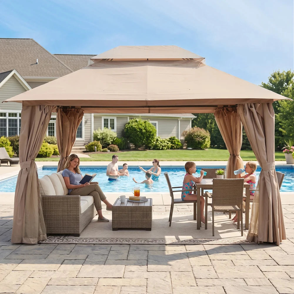 Khaki 13x10 outdoor gazebo beside pool and patio furniture