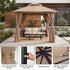 Beige soft top gazebo construction and curtain features