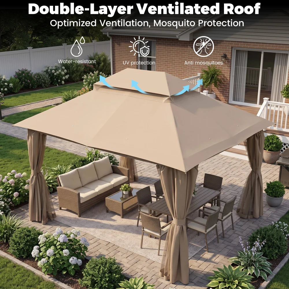 Khaki 13x10 gazebo with double-layer ventilated roof