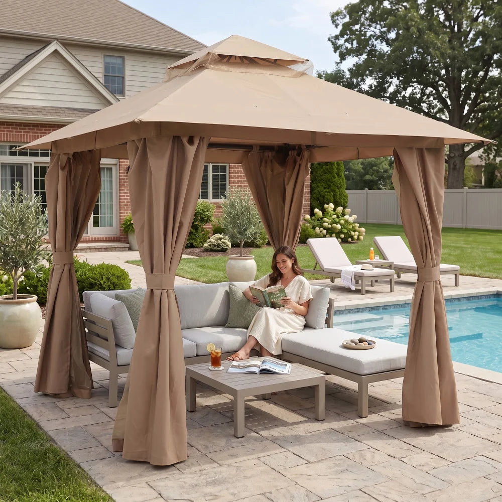 Beige patio gazebo beside pool and outdoor seating