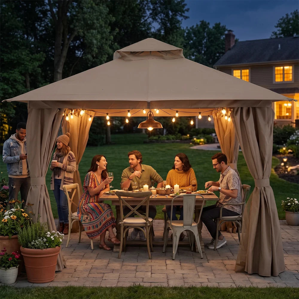 Khaki 10x10 patio gazebo for evening outdoor gatherings