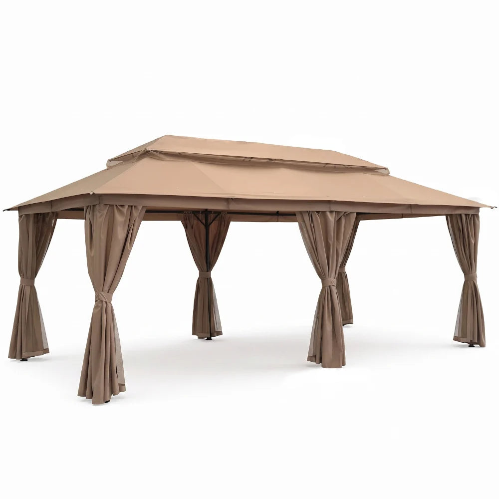 Beige rectangular soft top patio gazebo with curtains