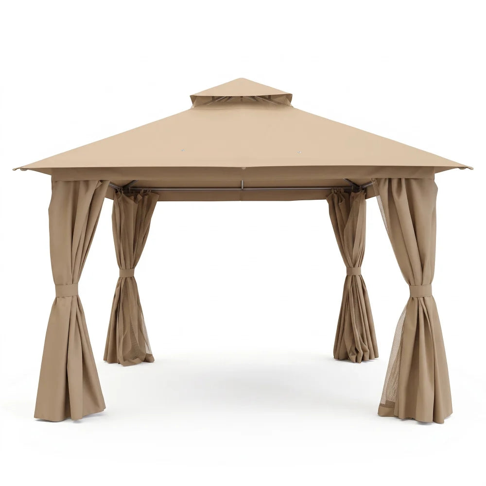 Khaki 12x12 soft top patio gazebo with curtains