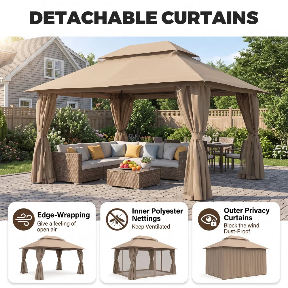 Khaki 13x10 gazebo with detachable privacy curtains