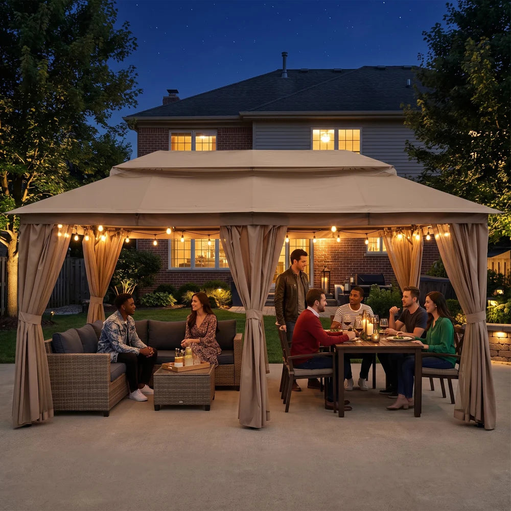 Beige outdoor patio gazebo for evening family gatherings