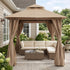 Beige outdoor gazebo with curtains for backyard seating