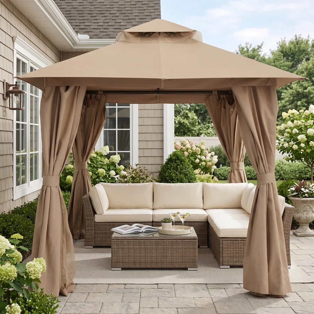 Beige outdoor gazebo with curtains for backyard seating