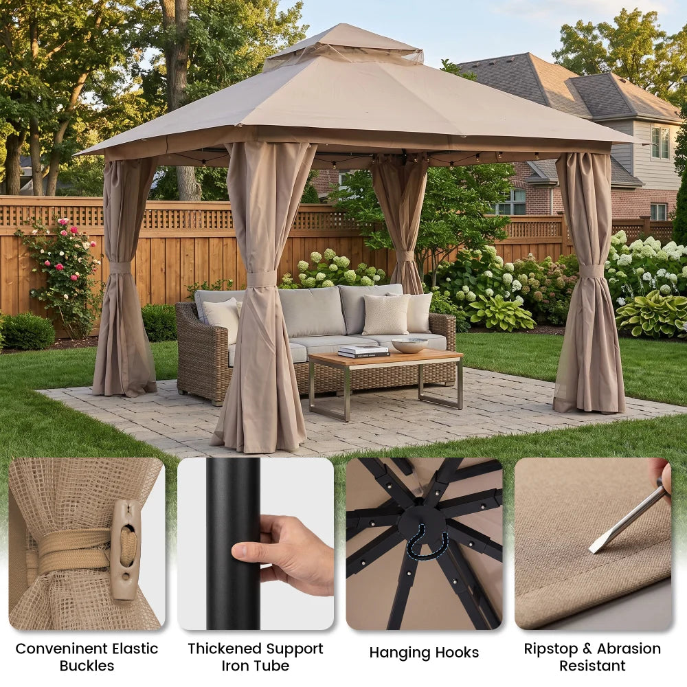 Khaki soft top gazebo with reinforced frame and hanging hooks