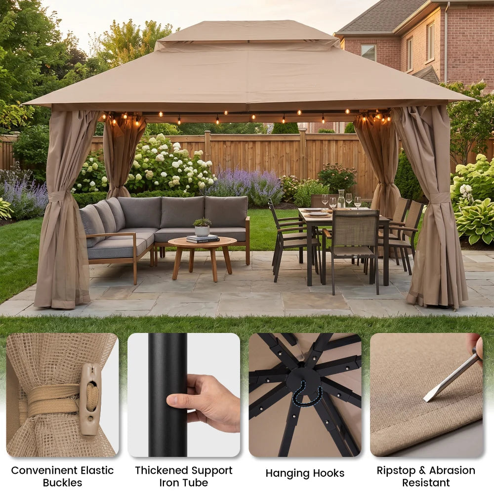 Khaki soft top gazebo with reinforced frame and curtain details