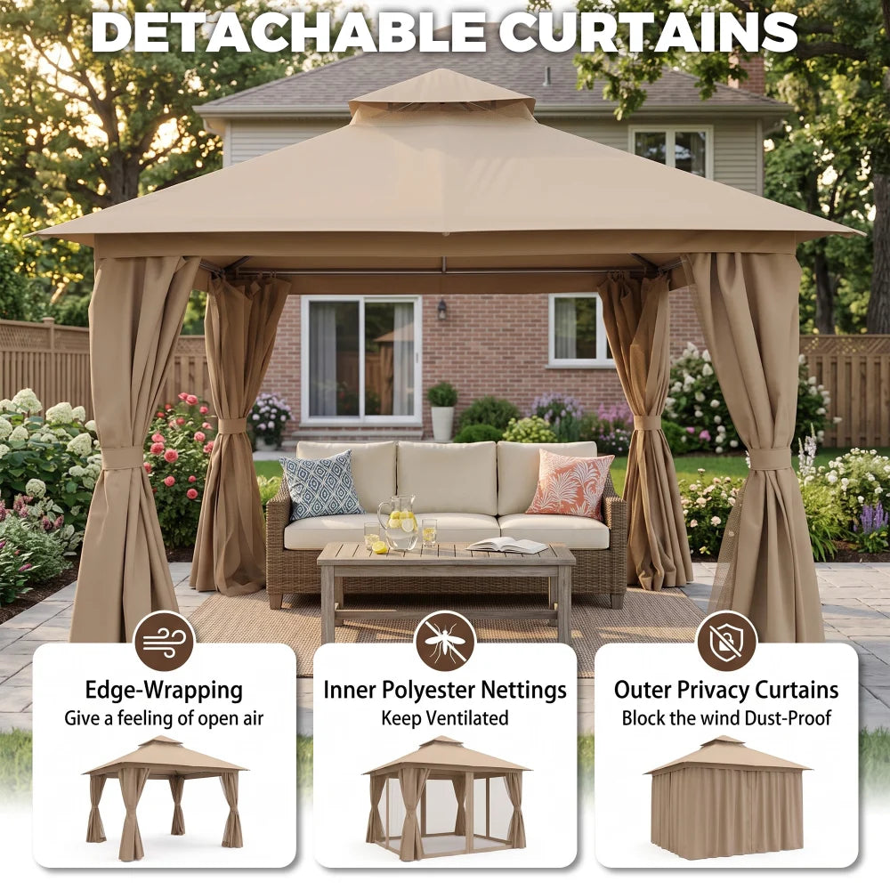 Khaki 10x10 gazebo with detachable privacy curtains