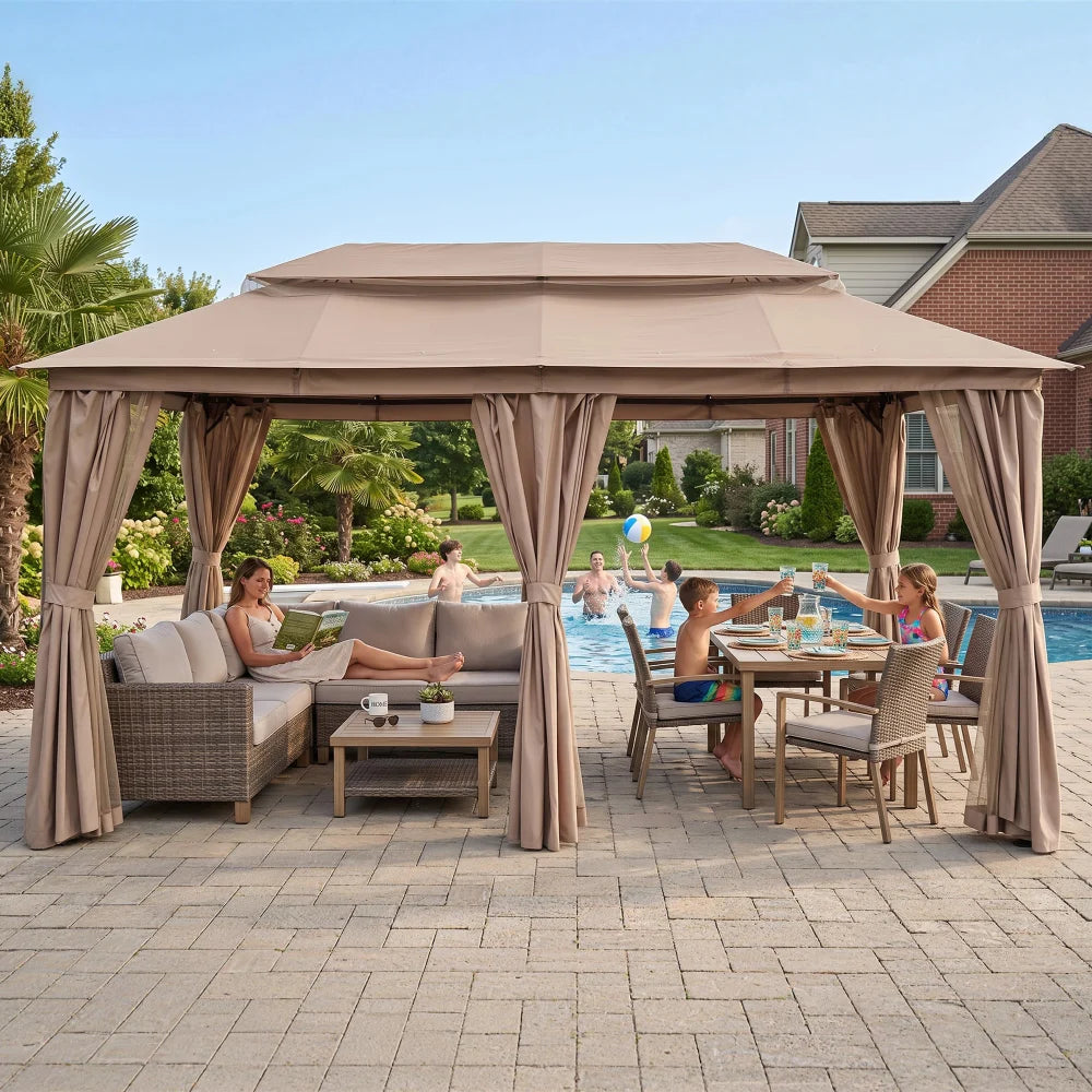 Beige outdoor gazebo with curtains for patio dining area