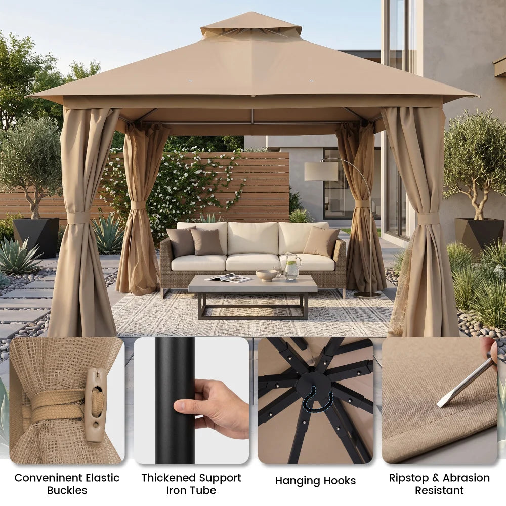 Khaki soft top gazebo with reinforced frame and hanging hooks
