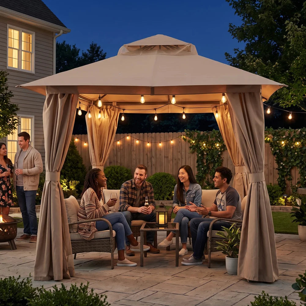 Beige patio gazebo for outdoor evening gatherings