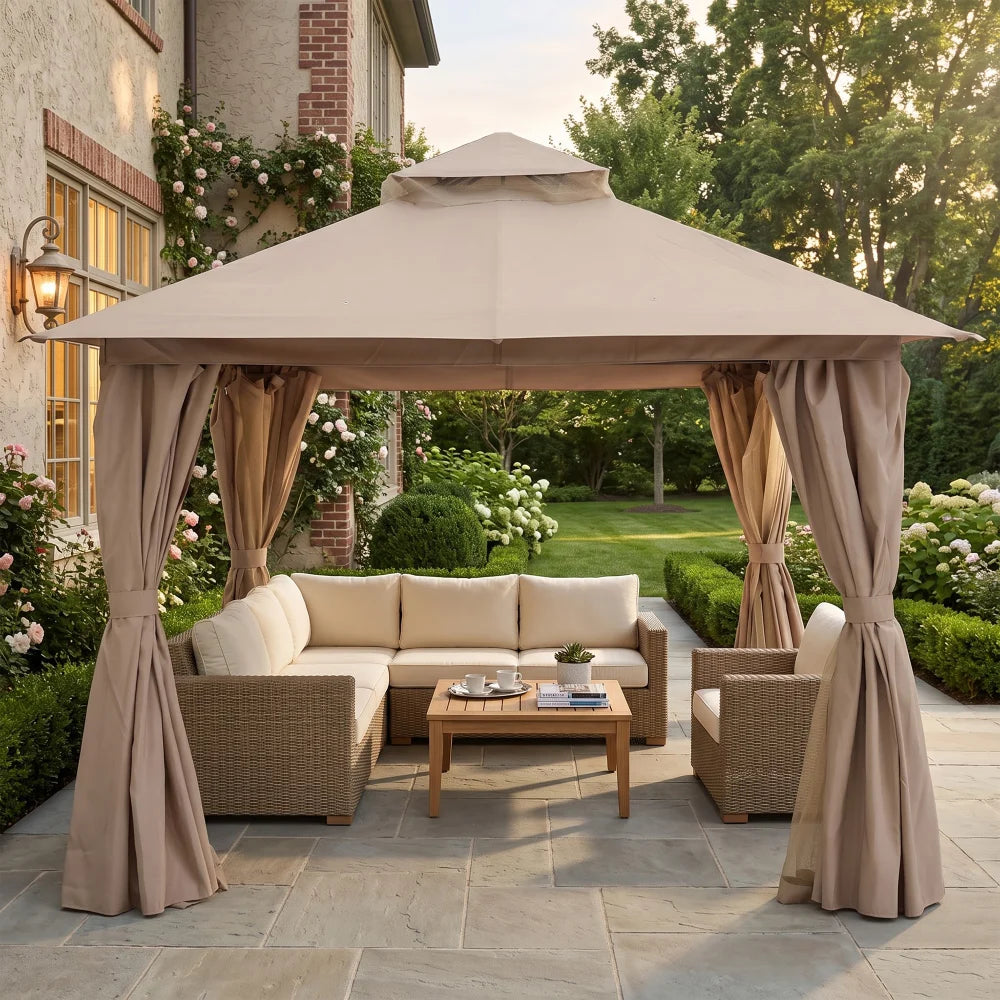 Khaki 10x10 outdoor gazebo for backyard patio seating
