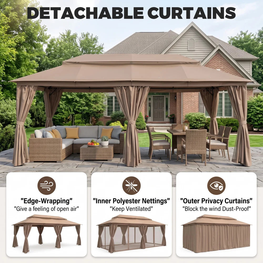 Beige patio gazebo with detachable privacy curtains