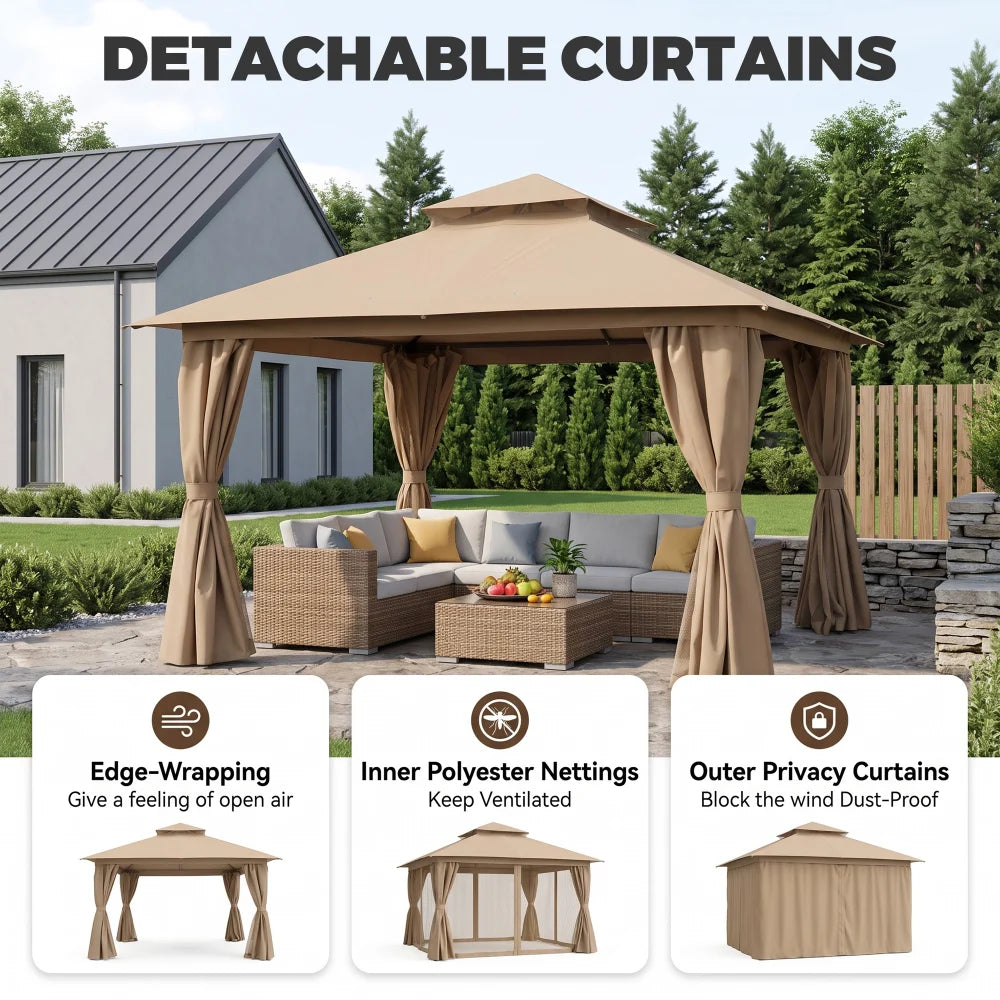 Khaki 12x12 patio gazebo with detachable privacy curtains