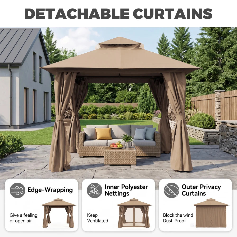 Beige patio gazebo with detachable curtains