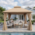 Khaki 12x12 outdoor gazebo beside pool and patio furniture
