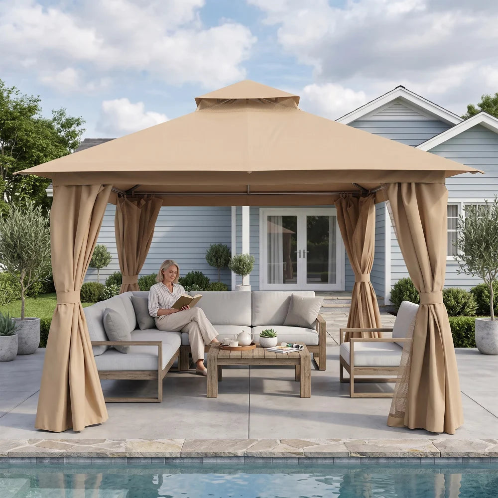 Khaki 12x12 outdoor gazebo beside pool and patio furniture
