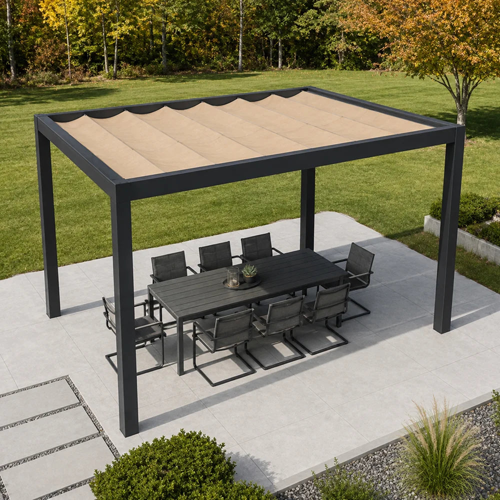 Modern Outdoor Pergola with Beige Wave Canopy